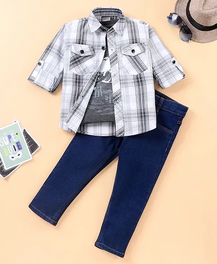Rikidoos Full Sleeves Checked Shirt With T-Shirt & Denim Pant - Pista Blue