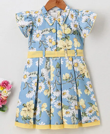Enfance Core Cap Sleeves Sunflower Printed Dress - Light Blue & Yellow