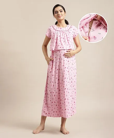 Bella Mama Half Sleeves Maternity Nighty Floral Print - Pink