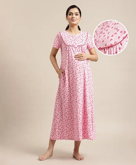 Bella Mama Half Sleeves Maternity Nighty Heart Print - Pink