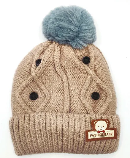 Kid-O-World Button Embellished Woolen Cap - Fawn