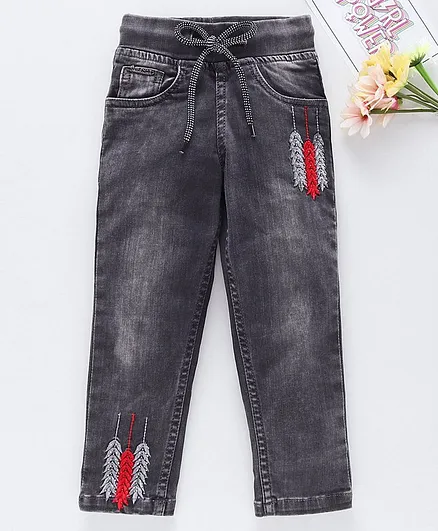 Enfance Washed Feather Embroidery Full Length Jeggings - Light Grey