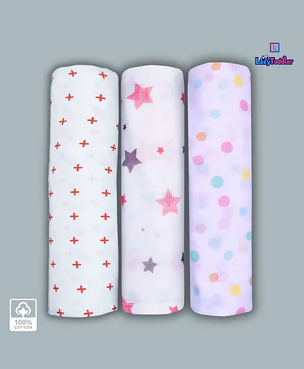 LazyToddler Organic Cotton Muslin Swaddles Pack of 3 Star & Plus Print - White