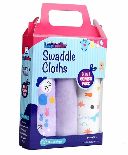 LazyToddler Cotton & Flannel Swaddles Pack of 3 Fish Print - Purple & White