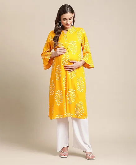 Bella Mama 3/4th Sleeves Maternity Ethnic Kurta - Yellow