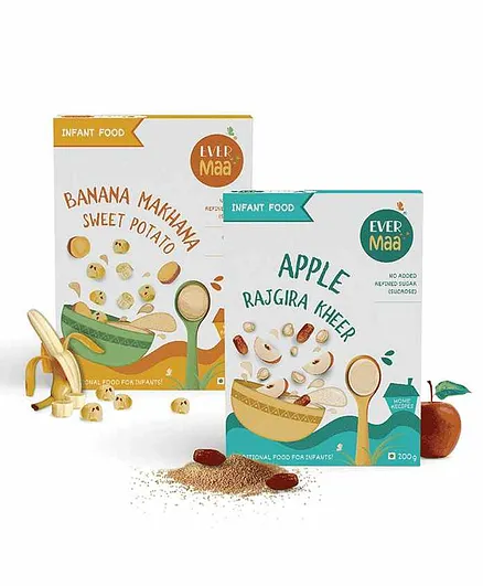EverMaa Apple Rajgira Kheer Cereal and Banana Makhana Sweetpotato Cereal Box - 200 gm Each