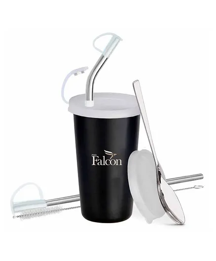 Falcon Stainless Steel Straw Tumbler With Accessories Black - 370 ml