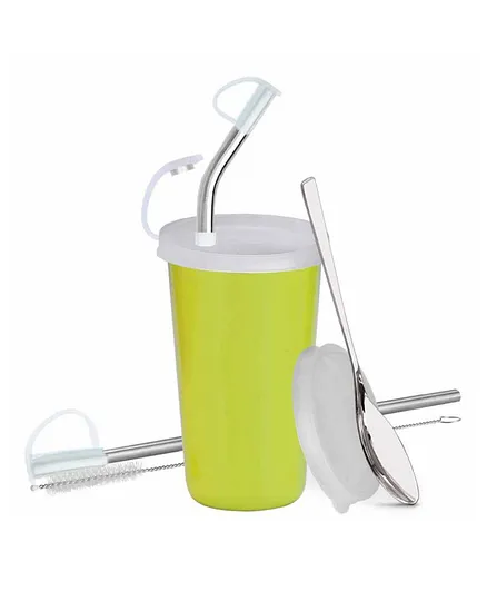 Falcon Stainless Steel Straw Tumbler With Accessories Green - 370 ml