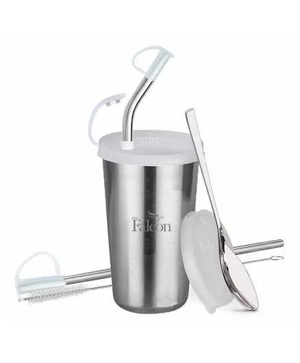 Falcon Stainless Steel Straw Tumbler With Accessories Silver - 370 ml