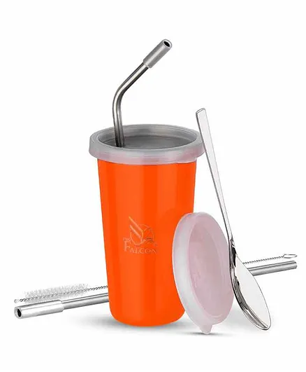Falcon Stainless Steel Straw Tumbler With Accessories Orange - 370 ml