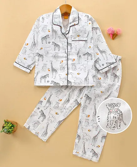 Yellow Duck Full Sleeves Night Suit Giraffe Print - White