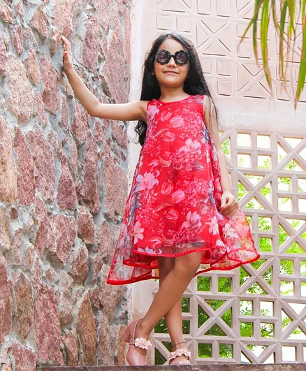 Woonie Sleeveless Floral Print Dress - Red