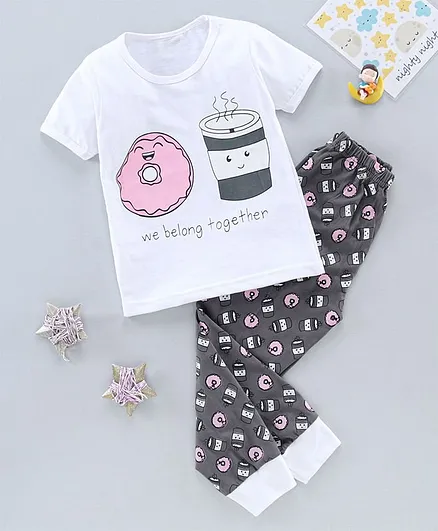 The Boo Boo Club Soft Cotton Half Sleeves Coffee & Donut Print Tee With Pajama - White