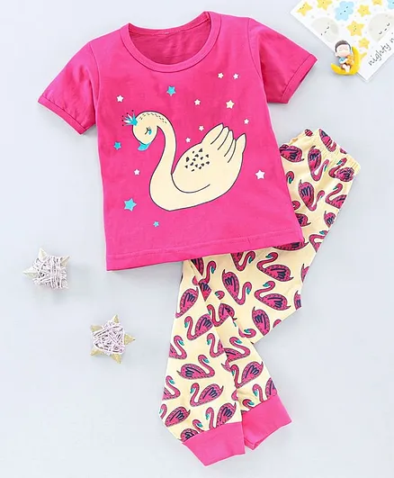 The Boo Boo Club Soft Cotton Half Sleeves Swan Print Tee With Pajama - Pink