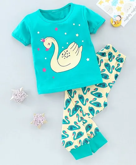 The Boo Boo Club Soft Cotton Half Sleeves Swan Print Tee With Pajama - Green
