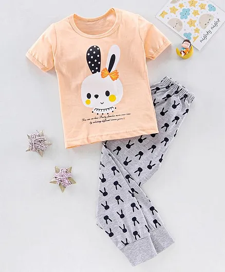 The Boo Boo Club Half Sleeves Bunny Print Tee With Pajama - Peach