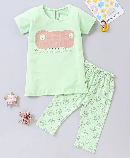 The Boo Boo Club Soft Cotton Half Sleeves Sheep Print Tee With Pajama - Green