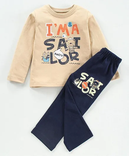 OHMS Full Sleeves Tee and Lounge Pant Set Text Print - Beige