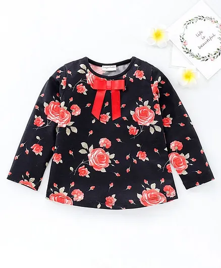 CrayonFlakes Floral Printed Full Sleeves Tee - Black