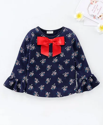 CrayonFlakes Floral Print Full Sleeves Frill Top - Navy