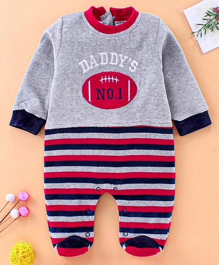 Wonderchild Full Sleeves Striped Velour Romper - Grey