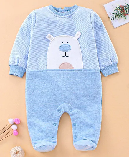 Wonderchild Full Sleeves Bear Patch Footed Romper - Sky Blue