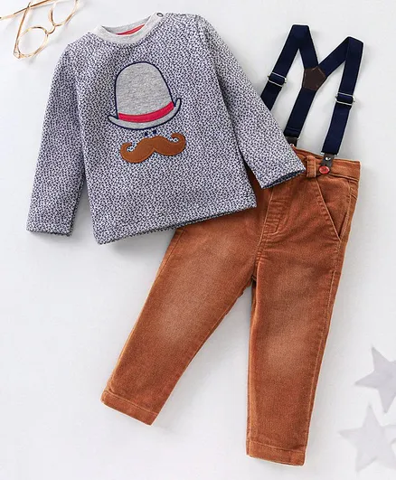 Wonderchild Full Sleeves Moustache Applique Tee With Suspender Pants - Grey & Brown