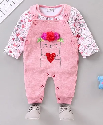 Wonderchild Full Sleeves Hearts Print Top With Romper - Dark Peach