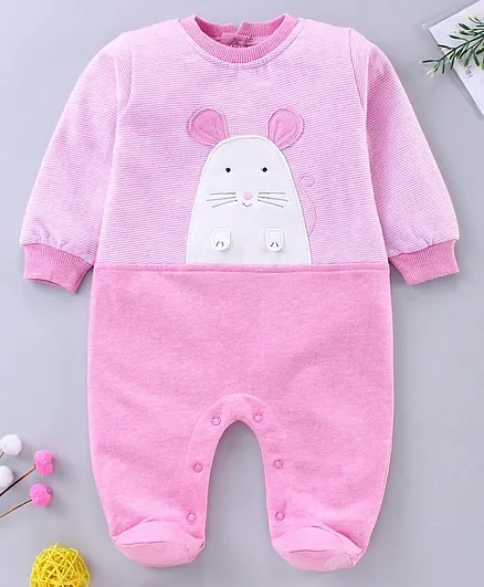 Wonderchild Full Sleeves Mouse Patch Footed Romper - Pink
