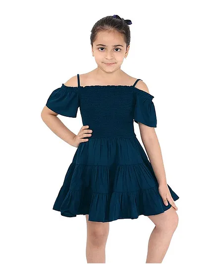 Naughty Ninos Half Sleeves Fit & Flared Solid Dress - Teal Blue