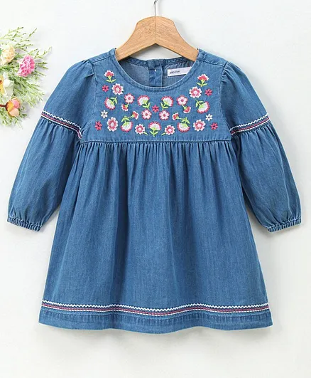 Babyoye Full Sleeves Frock Floral Embroidery - Blue