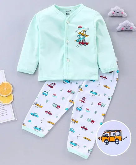 Cucumber Full Sleeves Night Suit Car Print - Green
