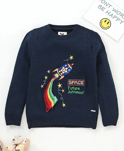 Yellow Apple Full Sleeves Pullover Sweater Rocket Design - Blue