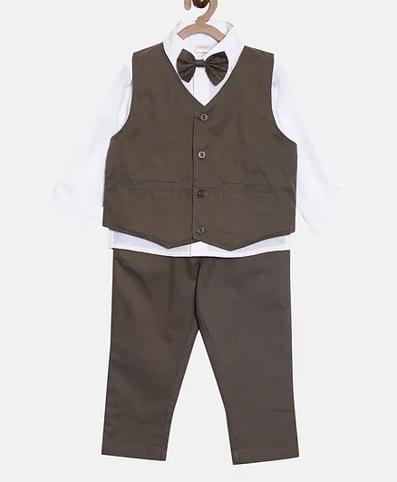 Aomi Solid Full Sleeves Shirt With Waistcoat & Bottom Set - Olive