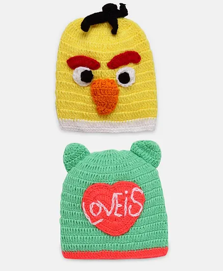 MayRa Knits Set Of 2 Lovies Design Cap - Green Yellow