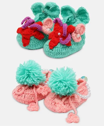 MayRa Knits Set Of 4 Hand Knitted Crochet Booties - Green