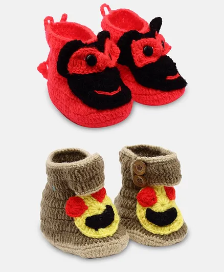 MayRa Knits Set Of 4 Smiley Design Booties - Red