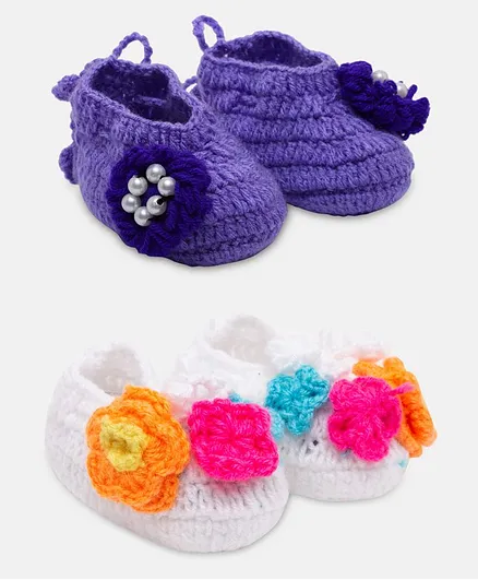 MayRa Knits Floral Detailed Pair Of 2 Hand Knitted Crochet Booties - Multi Color