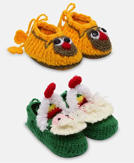 MayRa Knits Hand Knitted Pair Of 2 Animal Design Booties - Multi Color