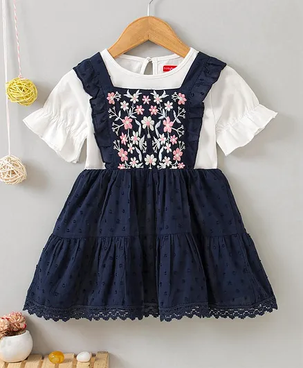 Babyhug Half Sleeves T-Shirt & Frock Floral Embroidery - Blue