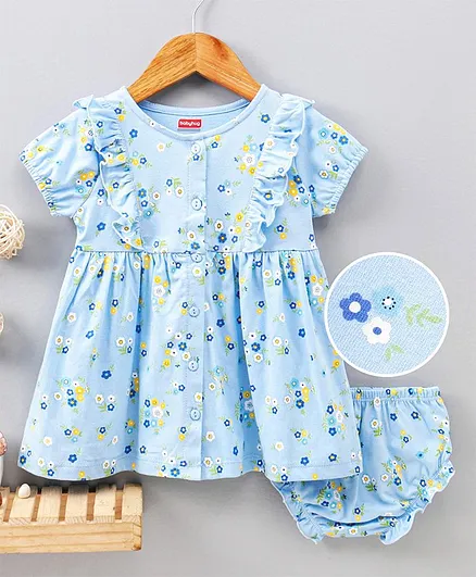 Babyhug Half Sleeves Frock With Bloomer Floral Print - Blue
