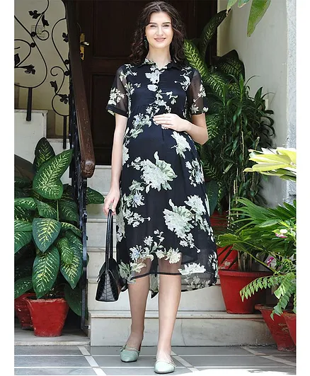 Mine4Nine Floral Print Half Sleeves Maternity Dress - Black