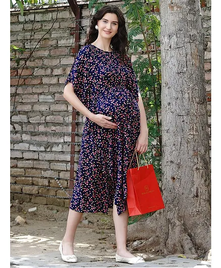 Mine4Nine Flower Print Half Sleeves Maternity Dress - Navy Blue