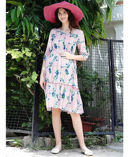 Mine4Nine Striped & Floral Printed Three Fourth Sleeves Midi Dress - Pink