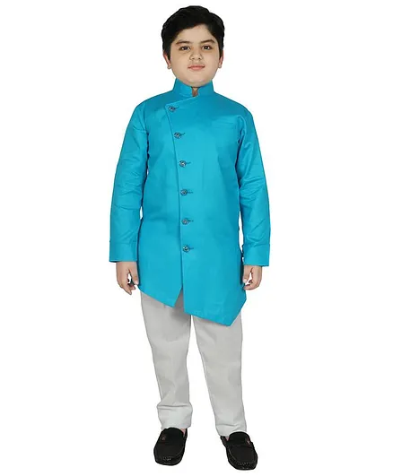SG YuvraJ Full Sleeves Overlapped Kurta With Trousers - Blue