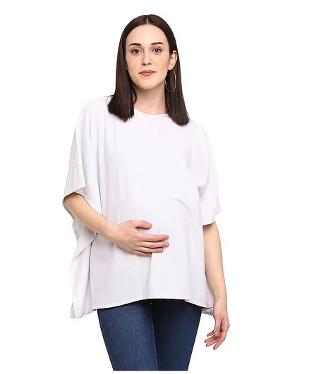 Momsoon Three Fourth Sleeves Solid Colour Kimono Style Maternity Top - Off White