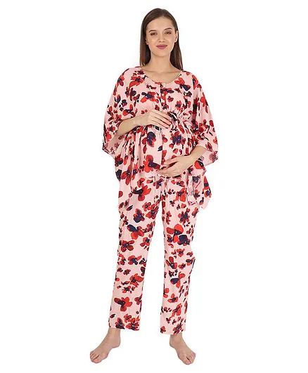 Momsoon Three Fourth Sleeves Floral Print Kaftan Night Suit - Multi Colour