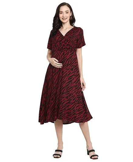 Momsoon Half Sleeves Zebra Striped Maternity Dress - Red & Black