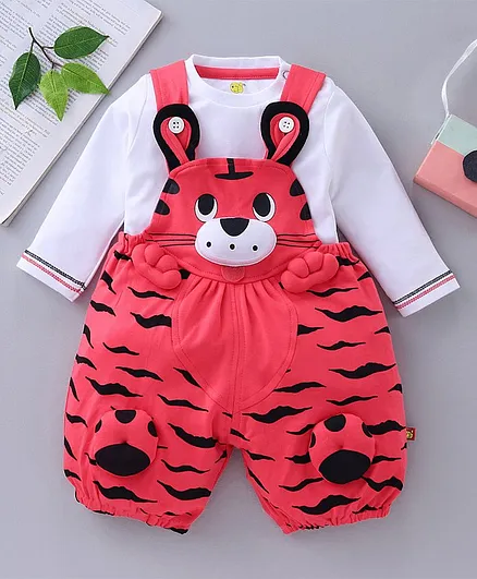 WOW Clothes Dungaree With Full Sleeves Tee Tiger Design - White Red