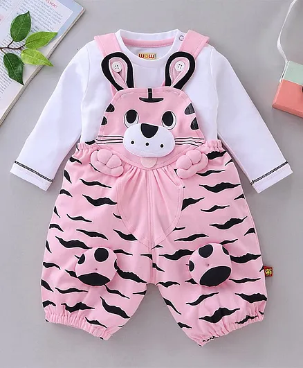 WOW Clothes Dungaree With Full Sleeves Tee Tiger Design - White Pink